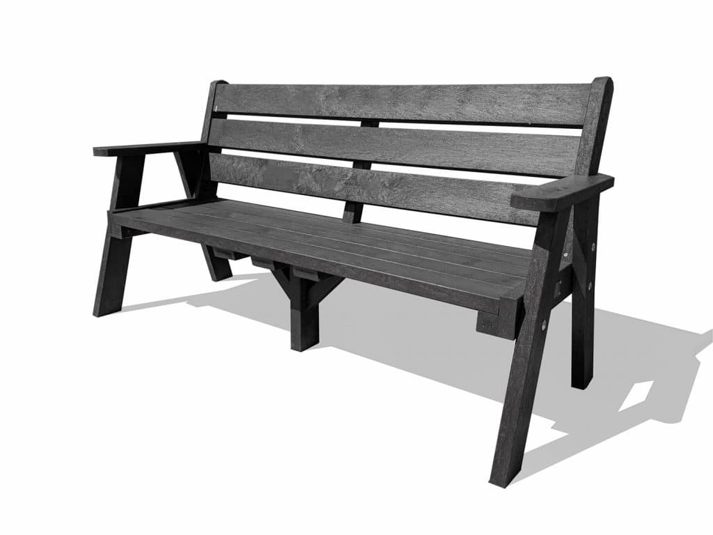 The recycled plastic Ilkley sloper bench with armrests in black
