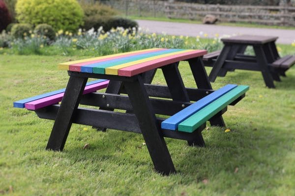 The Denholme classic adult A-frame picnic table with a multicoloured top and seats