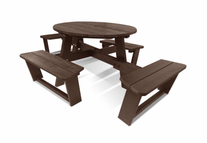 The Calder Plus recycled plastic picnic table with extended seats for social distancing in brown
