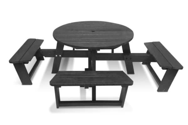 The Calder Plus recycled plastic picnic table with extended seats for social distancing in black