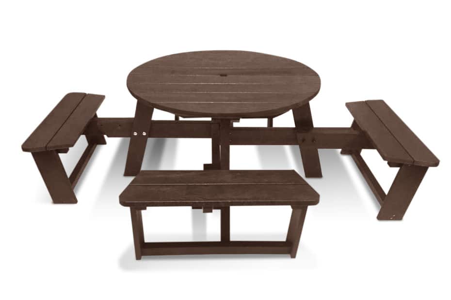 The Calder Plus recycled plastic picnic table with extended seats brown round