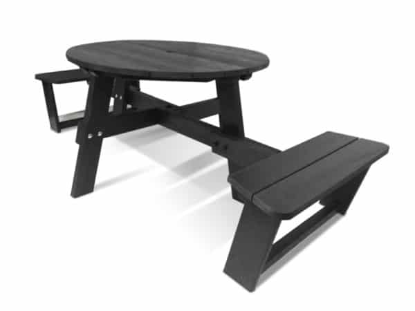 The Calder Plus recycled plastic picnic table with extended seats for social distancing in black