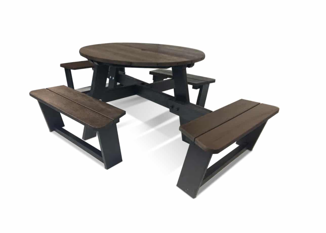 The Calder Plus recycled plastic picnic table with extended seats for social distancing in brown