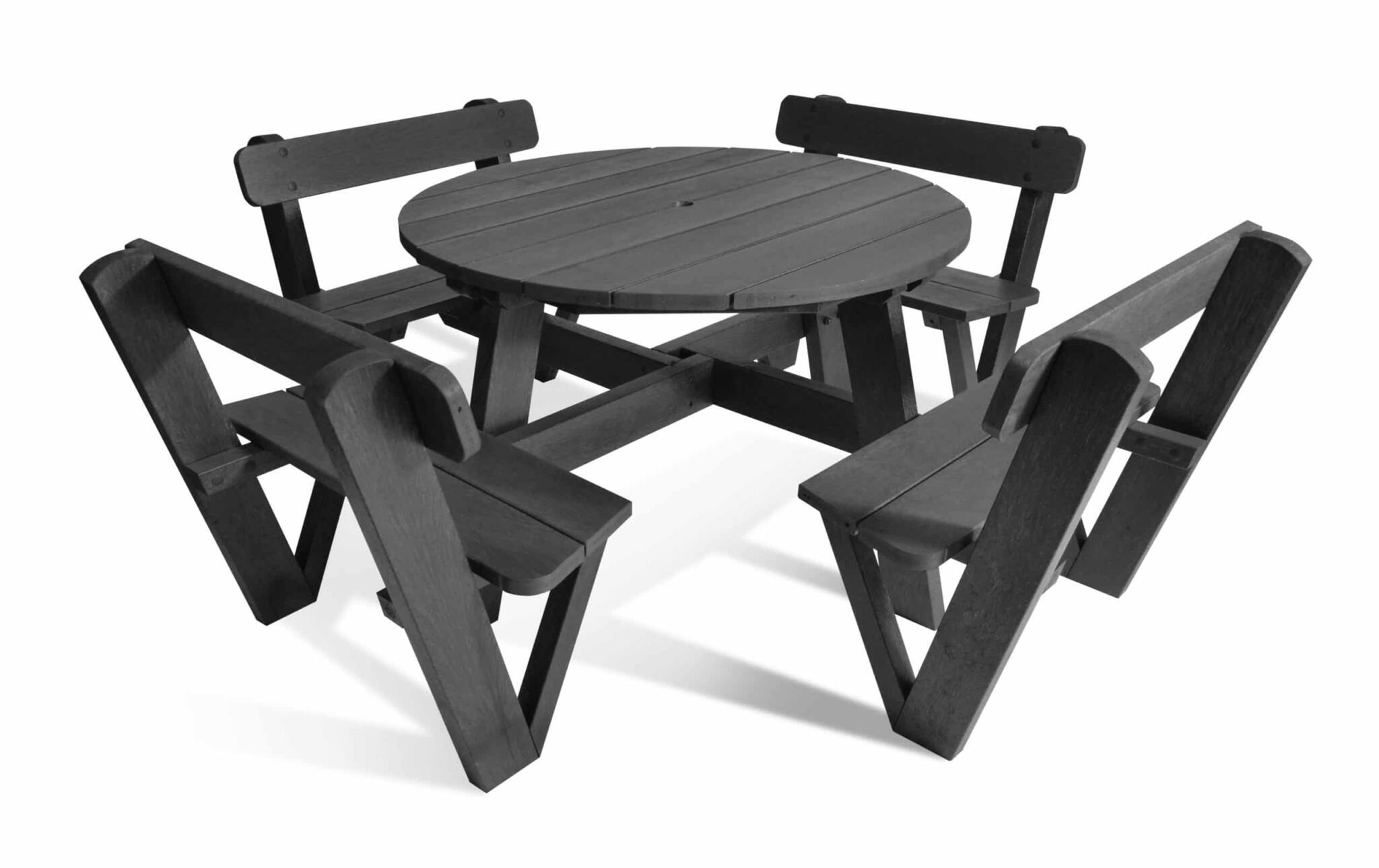 Calder 8 seater circular recycled plastic picnic table with backrests in black