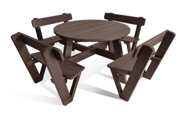 Calder 8 seater circular recycled plastic picnic table with backrests in brown