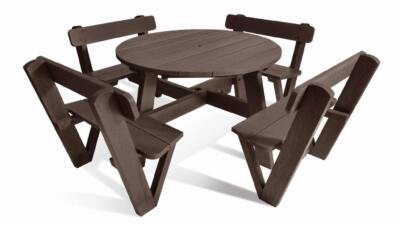 Calder 8 seater circular recycled plastic picnic table with backrests in brown
