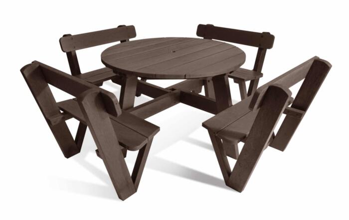 Calder 8 seater circular recycled plastic picnic table with backrests in brown Calder 8 seater circular recycled plastic picnic table with backrests in brown