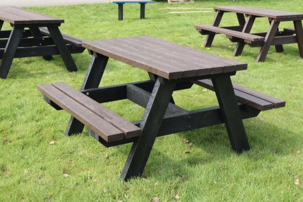 The Holmfirth junior recycled plastic A-frame picnic table, suitable for infant and junior schools