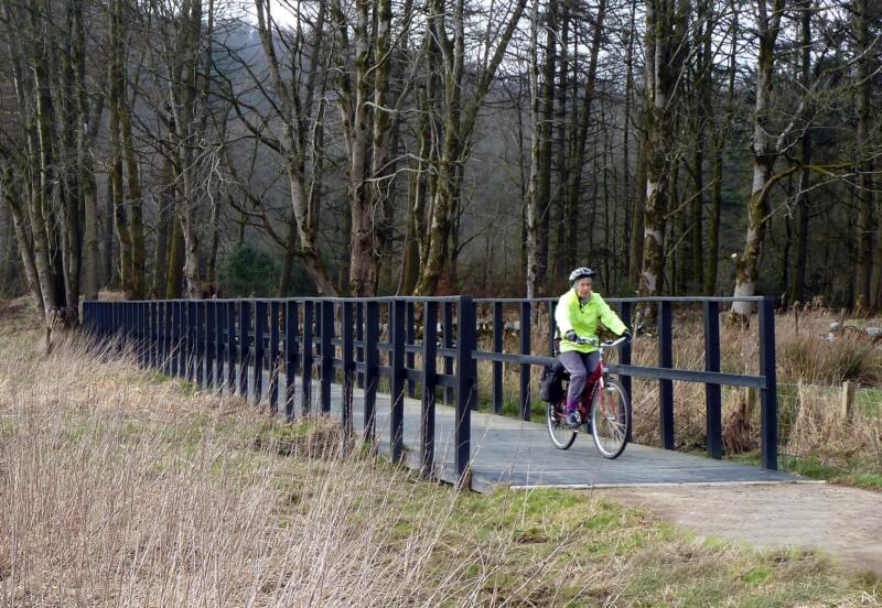 A cyclist crossing a recycled plastic boardwalk with side rails over a bog in Scotland