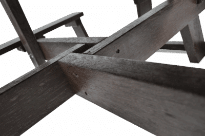 Detail of parasol base on a Calder recycled plastic picnic table