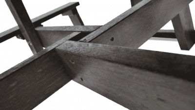 Detail of parasol base on a Calder recycled plastic picnic table