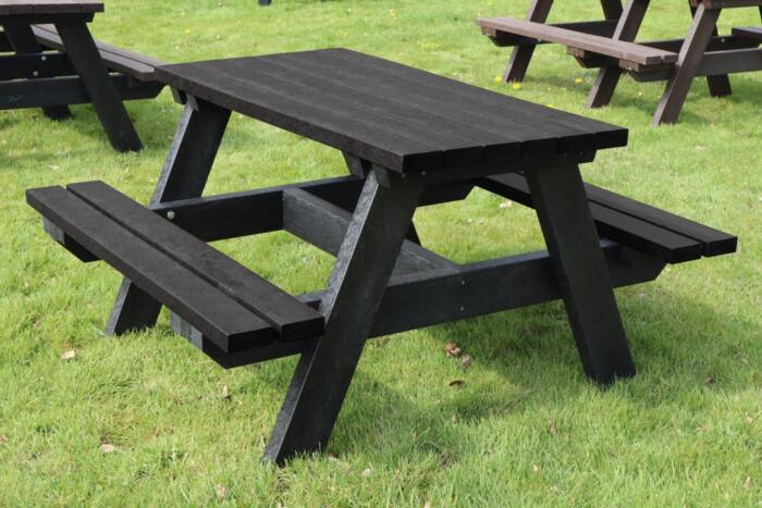 The Holmfirth junior recycled plastic A-frame picnic table in black, suitable for infant and junior schools The Holmfirth junior recycled plastic A-frame picnic table in black, suitable for infant and junior schools