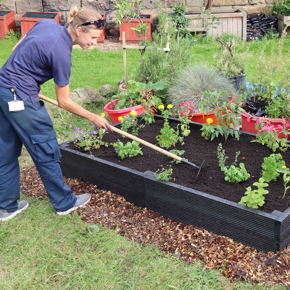 A recycled plastic raised bed kit, available in various sizes through our webshop