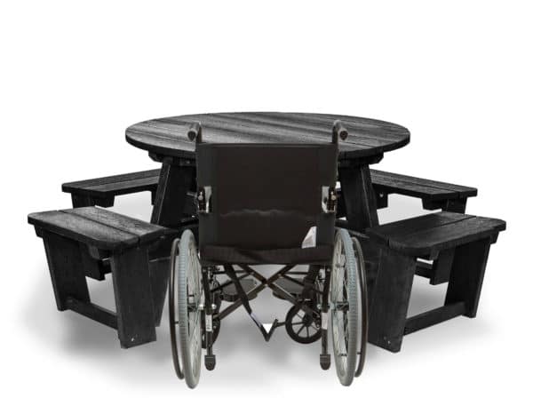 Recycled plastic circular Calder picnic table with wheelchair access in black showing chair