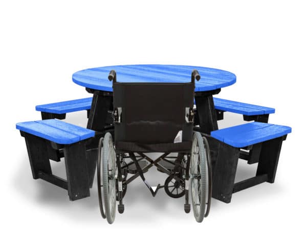 Recycled plastic circular Calder picnic table with wheelchair access in blue showing chair