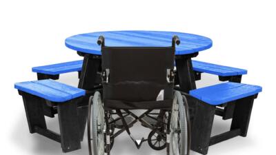Recycled plastic circular Calder picnic table with wheelchair access in blue showing chair