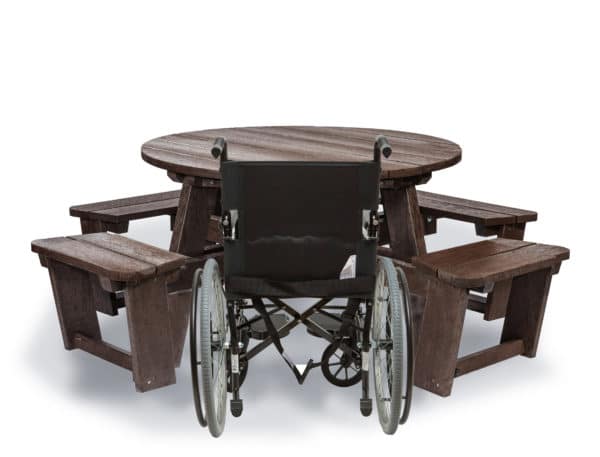 Recycled plastic circular Calder picnic table with wheelchair access in brown showing chair