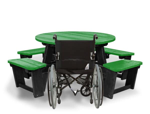 Recycled plastic circular Calder picnic table with wheelchair access in green showing chair