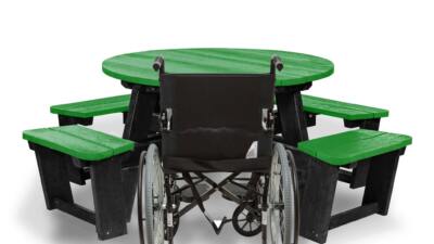 Recycled plastic circular Calder picnic table with wheelchair access in green showing chair