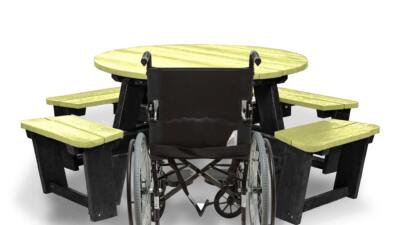 Recycled plastic circular Calder picnic table with wheelchair access in lime showing chair