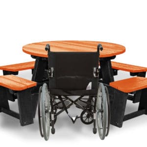 Recycled plastic circular Calder picnic table with wheelchair access in orange showing chair