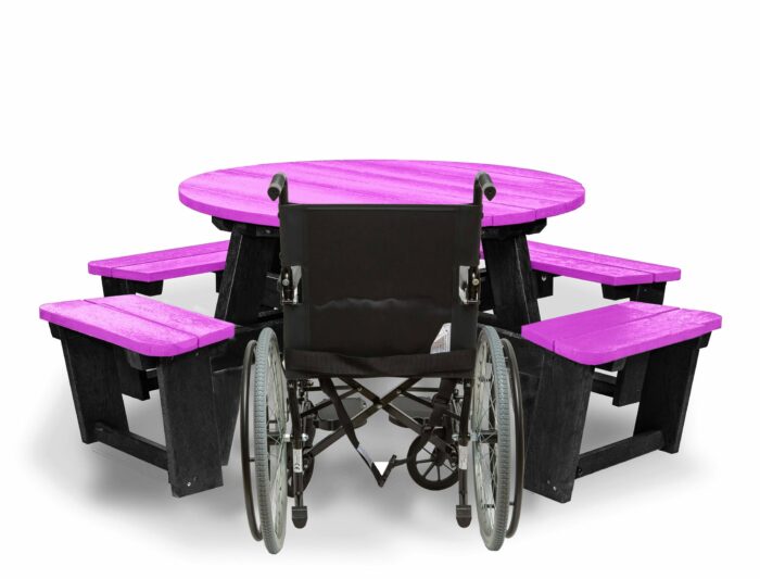 Recycled plastic circular Calder picnic table with wheelchair access in pink showing chair