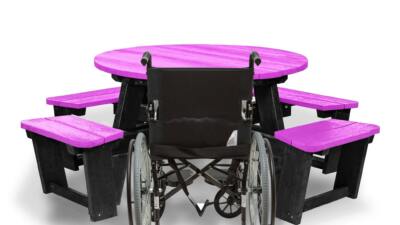 Recycled plastic circular Calder picnic table with wheelchair access in pink showing chair