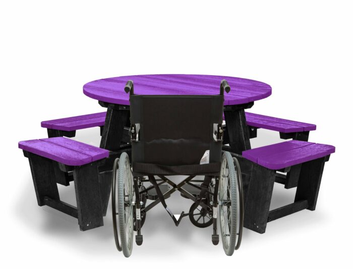 Recycled plastic circular Calder picnic table with wheelchair access in purple showing chair
