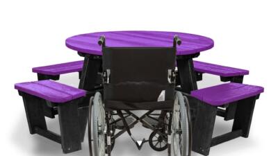 Recycled plastic circular Calder picnic table with wheelchair access in purple showing chair