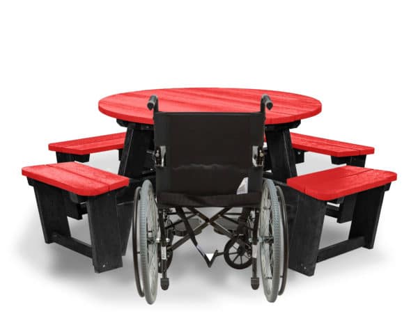 Recycled plastic circular Calder picnic table with wheelchair access in red showing chair