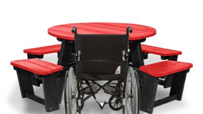 Recycled plastic circular Calder picnic table with wheelchair access in red showing chair