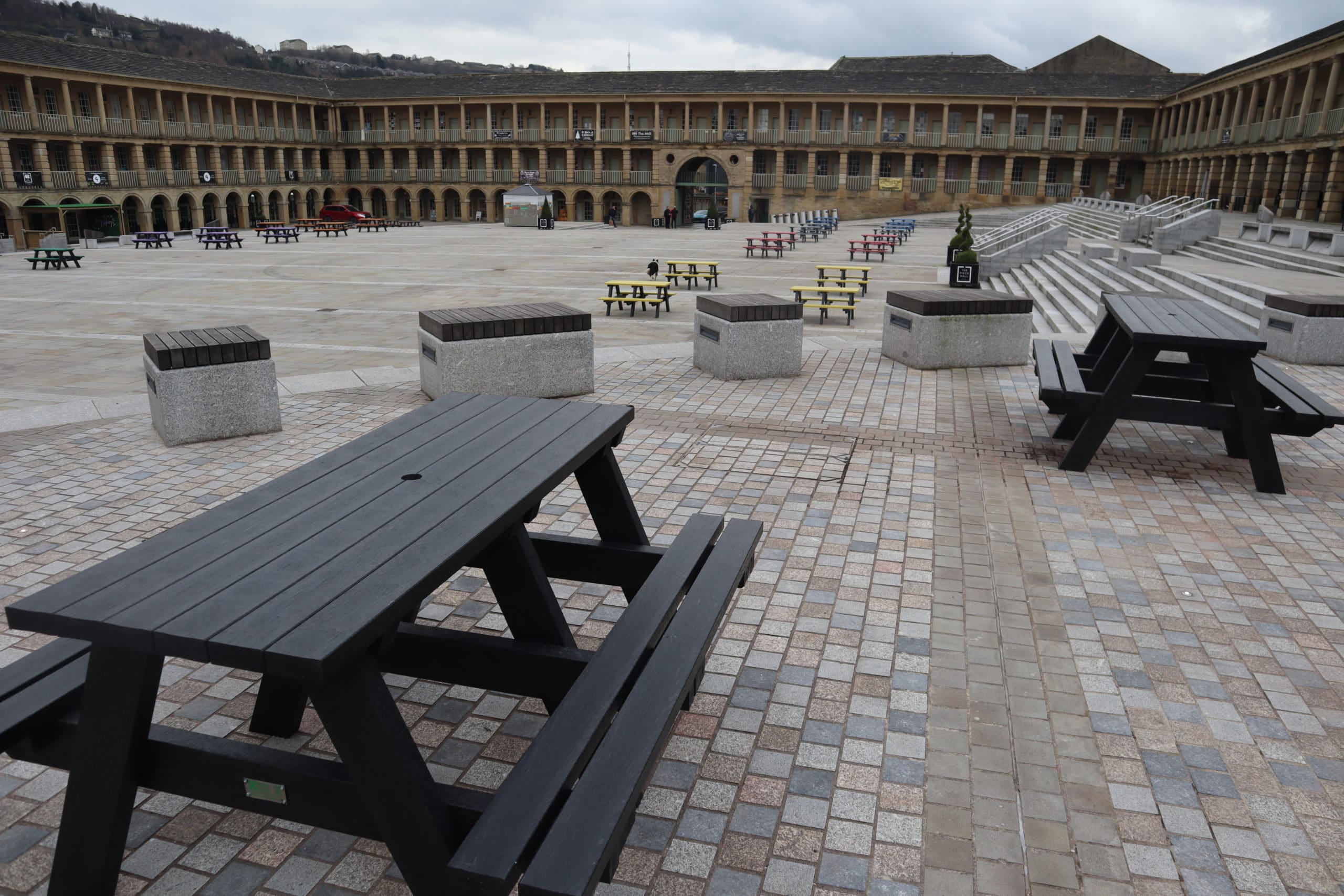 Denholme picnic tables at The Piece Hall