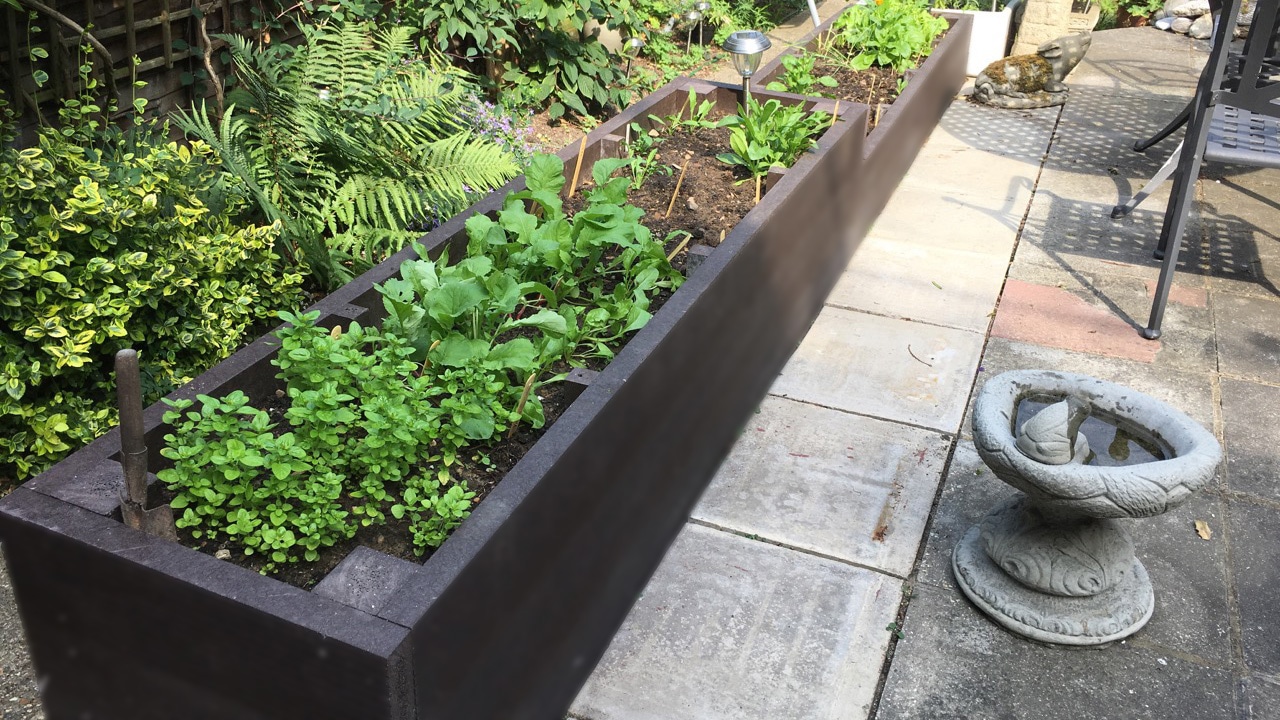 500mm wide British Recycled Plastic raised beds fit well in narrow gardens - click to visit the shop