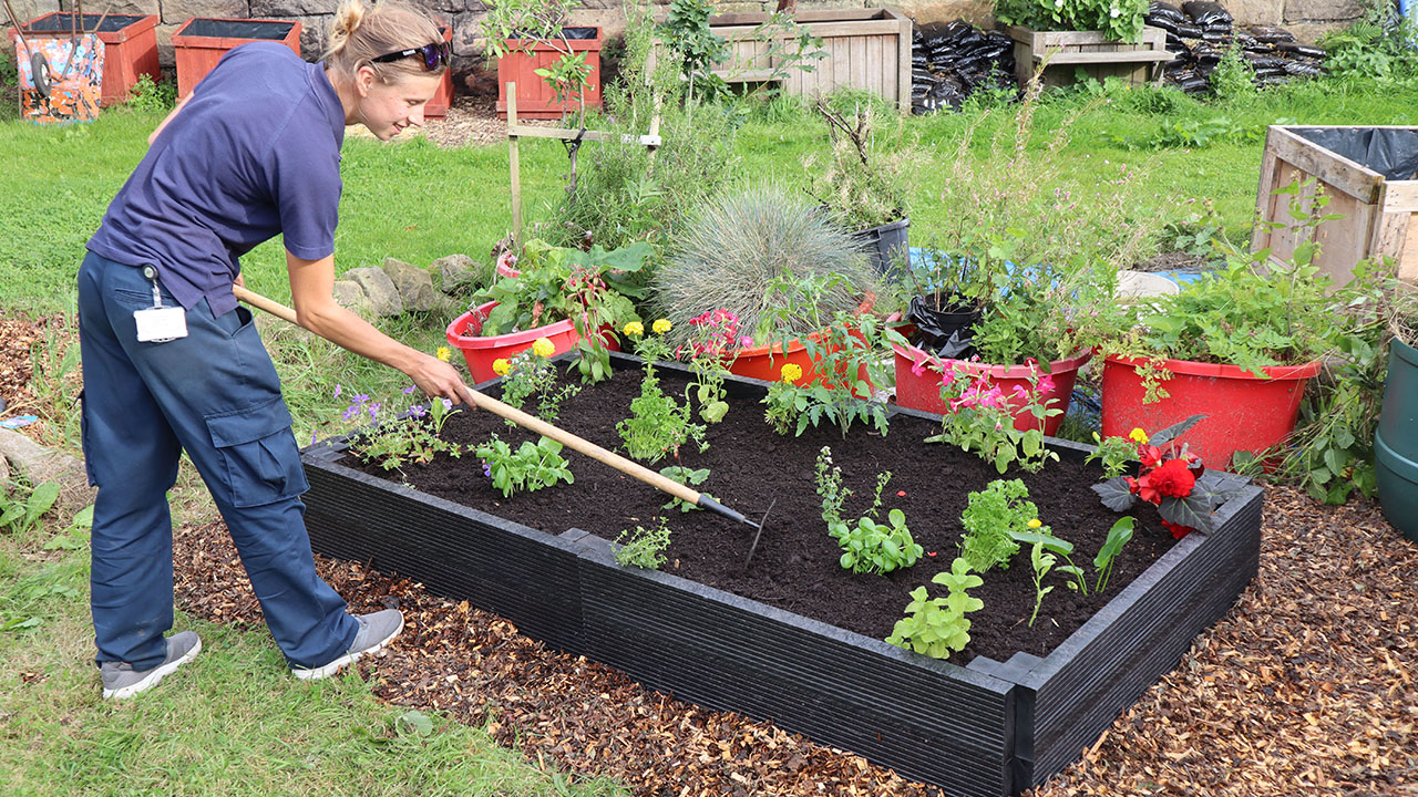 British Recycled Plastic raised beds in a community garden - click to visit the shop