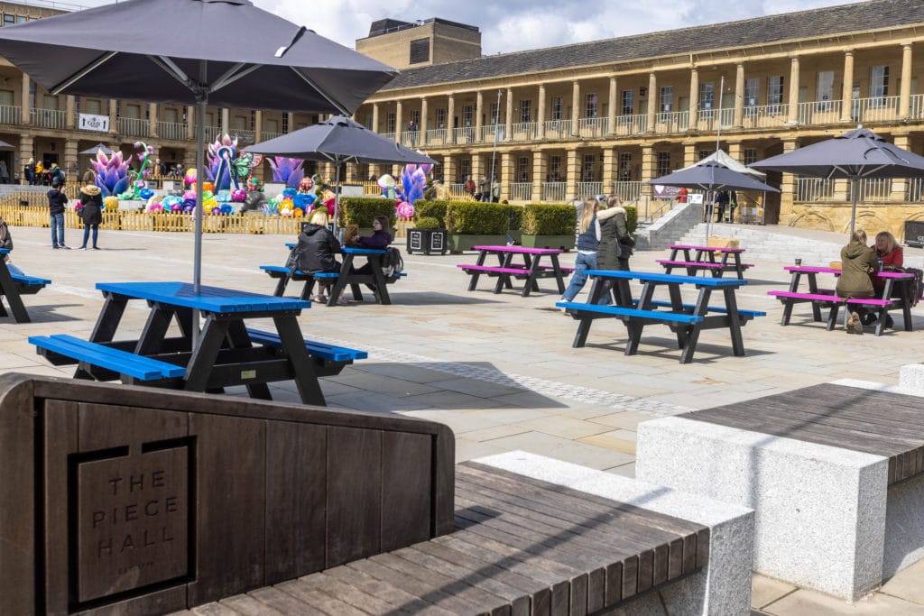 Recycled plastic outdoor furniture at the Piece Hall