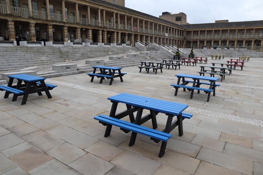 Recycled plastic outdoor furniture at the Piece Hall