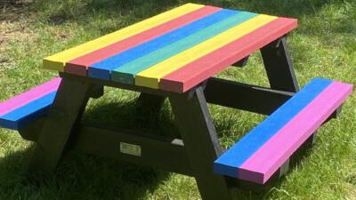 Holmfirth picnic table in rainbow colours