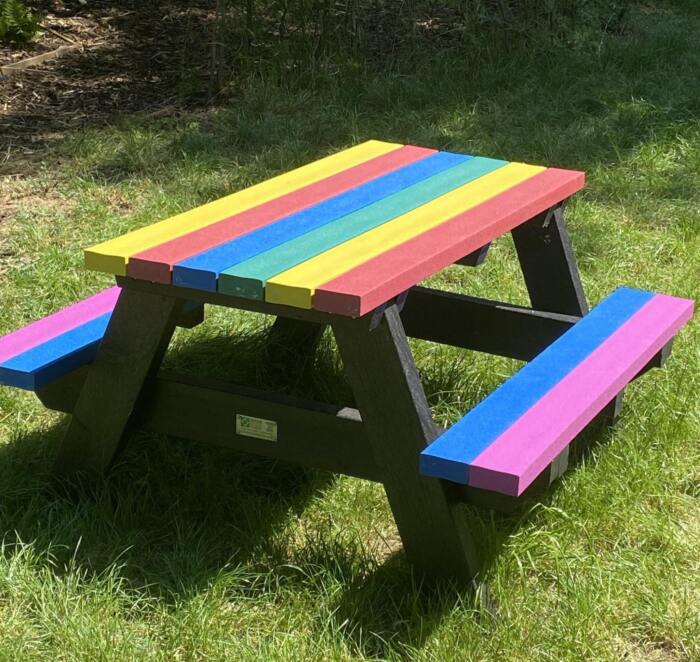 Holmfirth bench in rainbow colours at Mayfield Primary School engineered from British Recycled Plastic 1 Holmfirth picnic table in rainbow colours