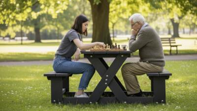 Two people playing chess in park sat at a British Recycled Plastic Wainsgate Picnic table