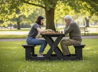 Two people playing chess in park sat at a British Recycled Plastic Wainsgate Picnic table