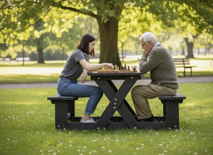 wainsgate-black-2-seater-picnic-table-chess-in-park (1) Two people playing chess in park sat at a British Recycled Plastic Wainsgate Picnic table