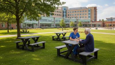 Two people conversing at a British Recycled Plastic Wainsgate Picnic table