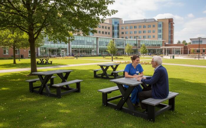 wainsgate-grey-black-2-seater-picnic-table-hospital-grounds Two people conversing at a British Recycled Plastic Wainsgate Picnic table