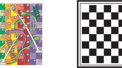Otley table top showing a snakes and ladders game and a chess or draughts board