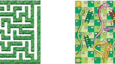 Otley table top showing a maze and a snakes and ladders game