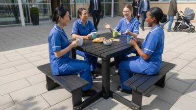 Nurses enjoying coffee and conversation around a British Recycled Plastic Brimham Picnic table