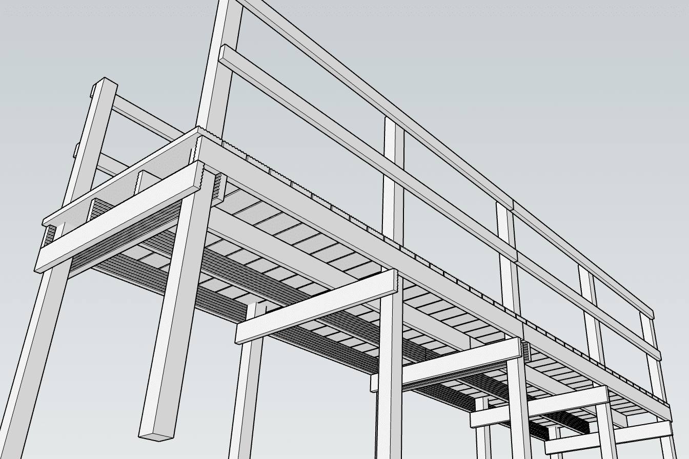 Sketchup drawing showing the underside view of a typical 1500mm wide British Recycled Plastic boardwalk with handrails.
