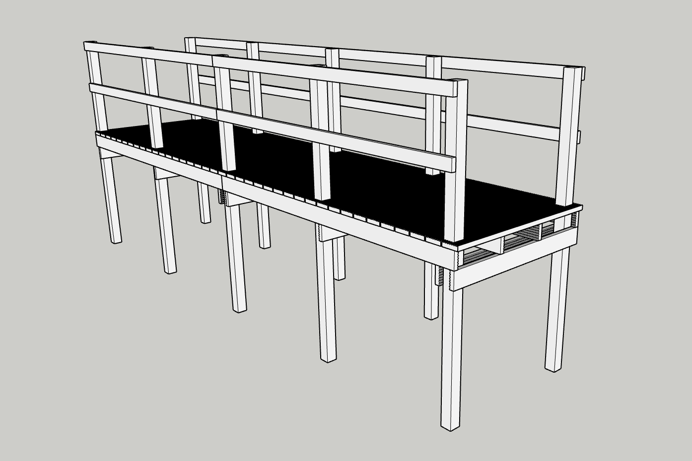 Sketchup drawing showing the three-quarter view of a typical 1500mm wide British Recycled Plastic boardwalk with handrails.