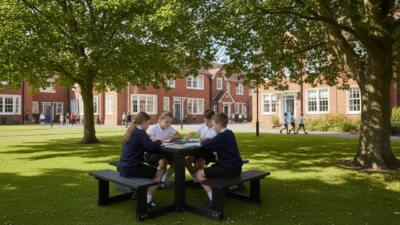Children studying at an outdoor British Recycled Plastic Brimham Picnic table