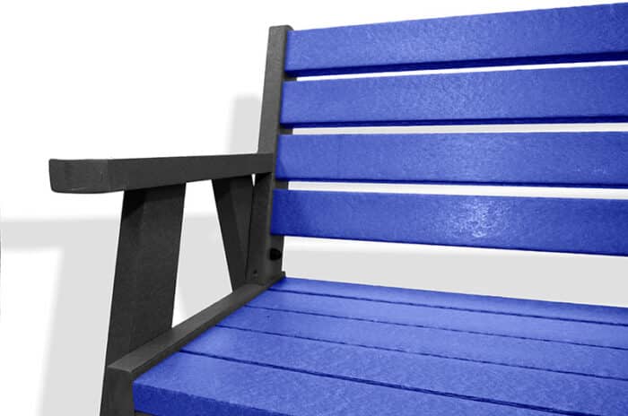 The classic recycled plastic Ilkley bench with arms, with a black frame and blue slats.